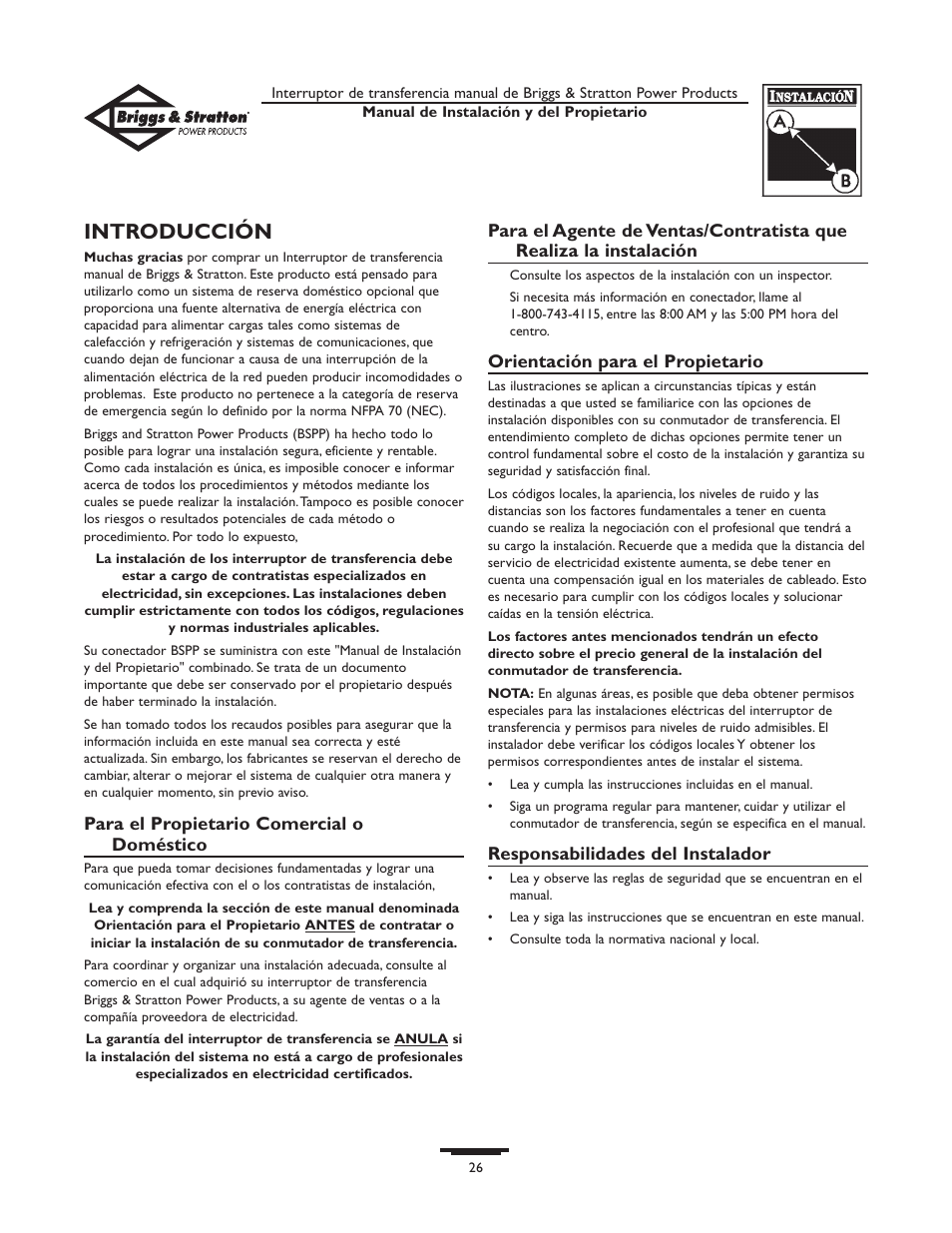 Introducción | Briggs & Stratton 50A NEMA 1 User Manual | Page 26 / 32