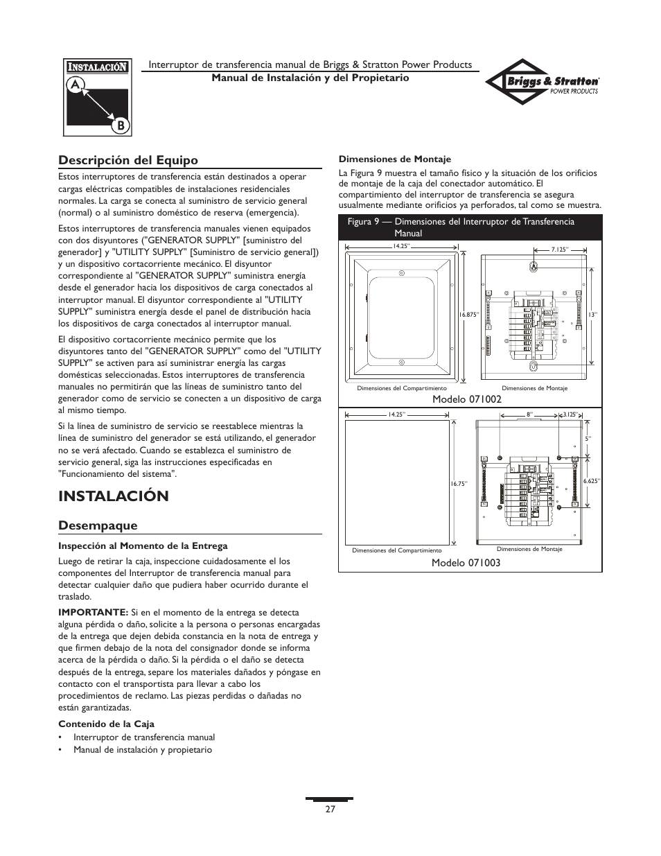 Instalación, Descripción del equipo, Desempaque | Briggs & Stratton 50A NEMA 1 User Manual | Page 27 / 32