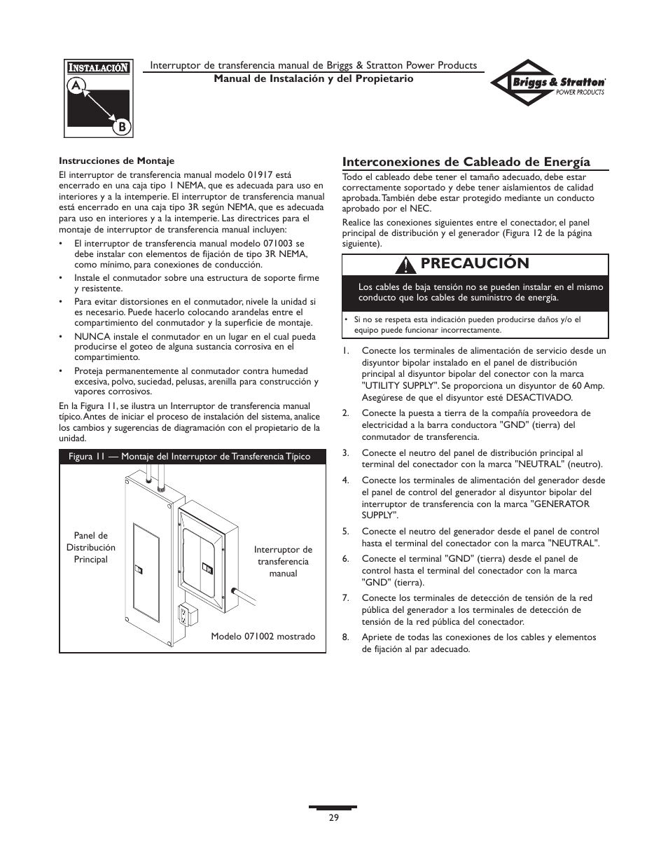 Precaución, Interconexiones de cableado de energía | Briggs & Stratton 50A NEMA 1 User Manual | Page 29 / 32