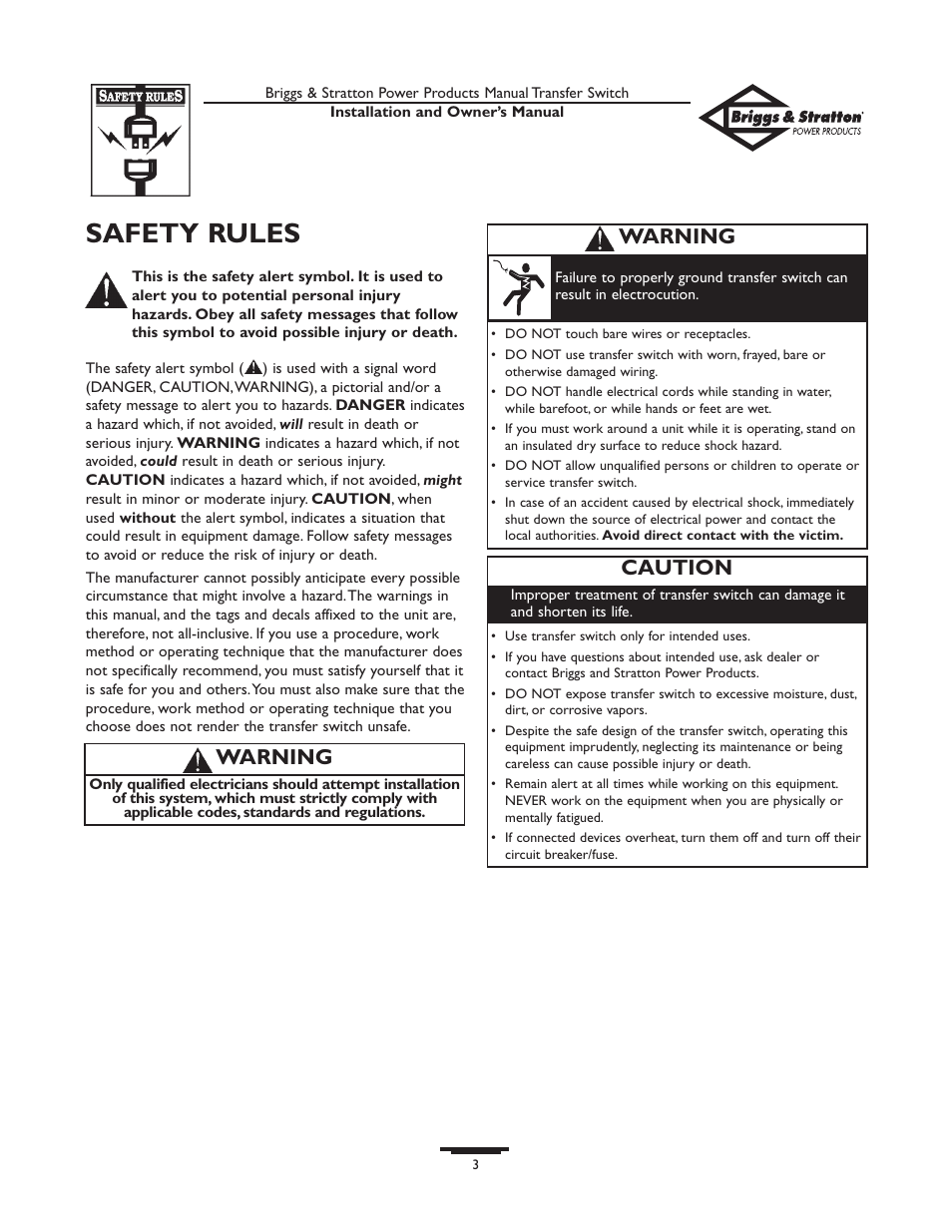 Safety rules, Warning, Caution | Briggs & Stratton 50A NEMA 1 User Manual | Page 3 / 32