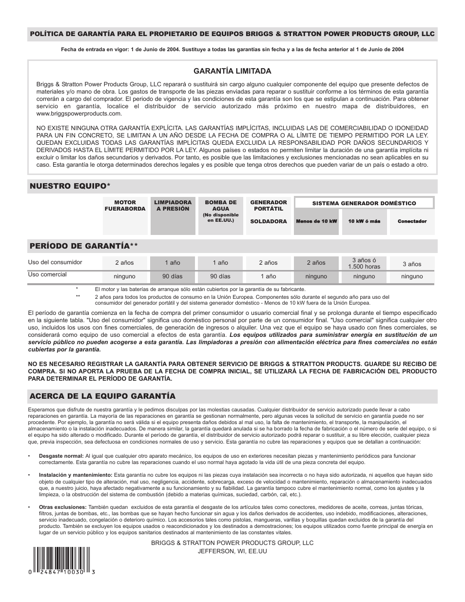 Garantía limitada, Nuestro equipo, Período de garantía | Acerca de la equipo garantía | Briggs & Stratton 50A NEMA 1 User Manual | Page 32 / 32