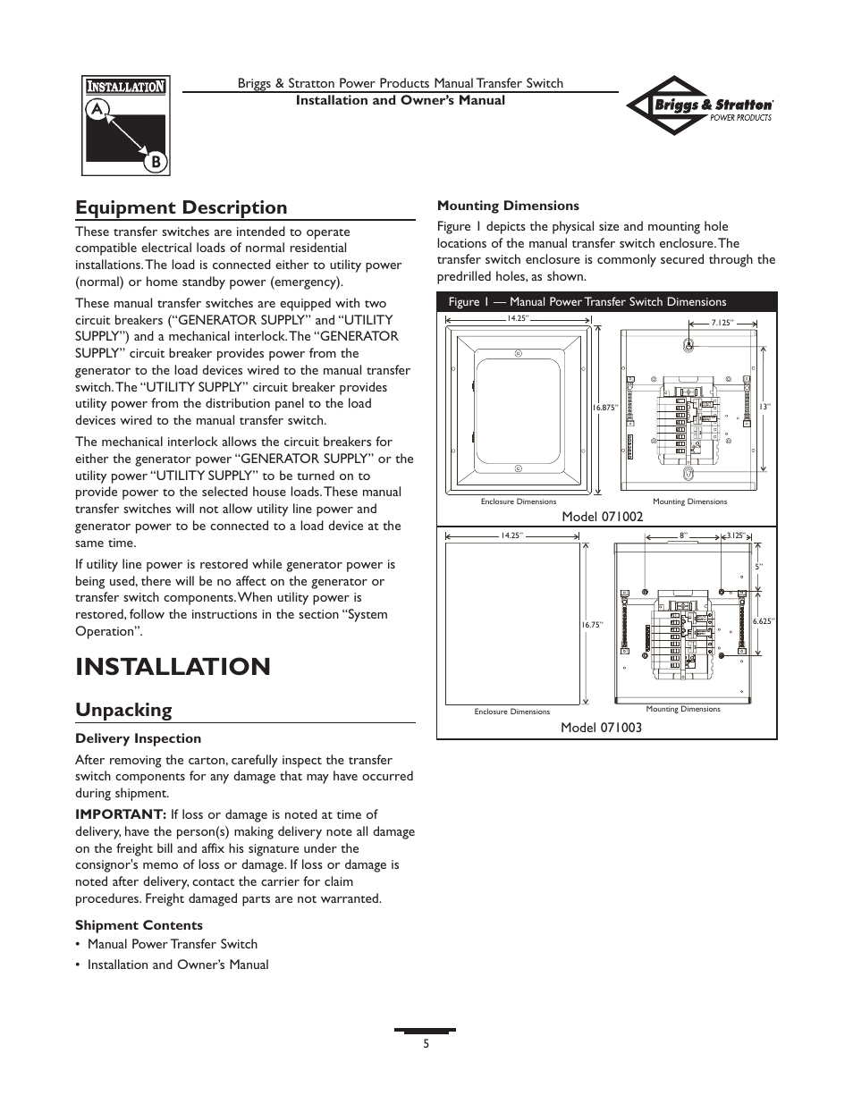 Installation, Equipment description, Unpacking | Briggs & Stratton 50A NEMA 1 User Manual | Page 5 / 32