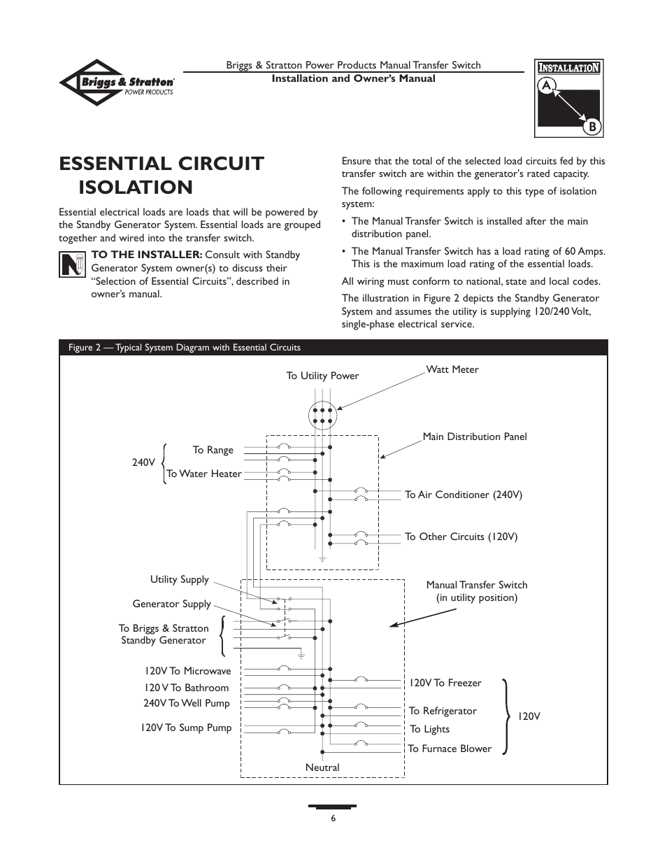 Essential circuit isolation | Briggs & Stratton 50A NEMA 1 User Manual | Page 6 / 32