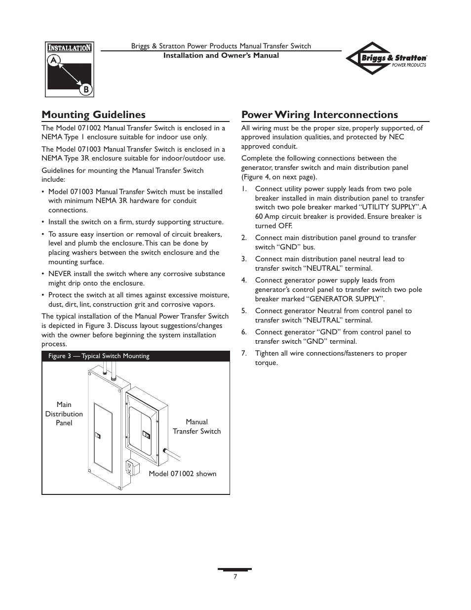 Mounting guidelines, Power wiring interconnections | Briggs & Stratton 50A NEMA 1 User Manual | Page 7 / 32