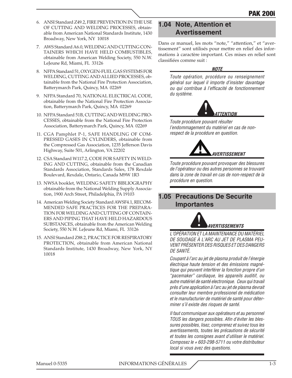 04 note, attention et avertissement, 05 precautions de securite importantes, Note, attention et avertissement -3 | Precautions de securite importantes -3, Pak 200i | Tweco PAK 200i User Manual | Page 11 / 160