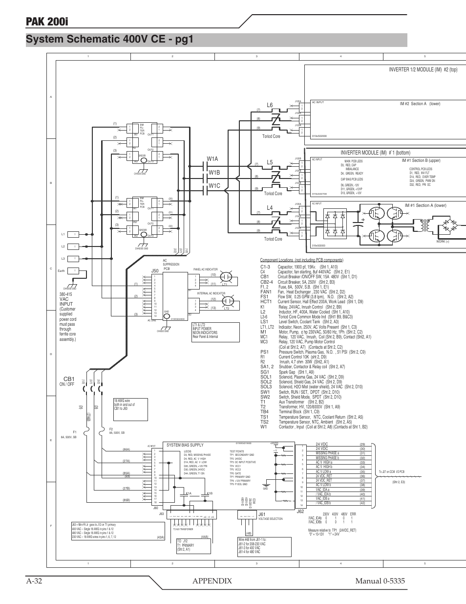 System schematic 400v ce - pg1, Pak 200i, Electrode | Work tip, Hct1, W1a w1b w1c, Inverter module (im) #`1 (bottom), Inverter 1/2 module (im) #2 (top) | Tweco PAK 200i User Manual | Page 112 / 160