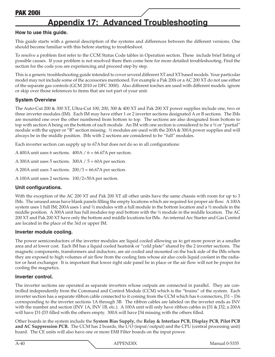 Appendix 17: advanced troubleshooting, Pak 200i | Tweco PAK 200i User Manual | Page 120 / 160