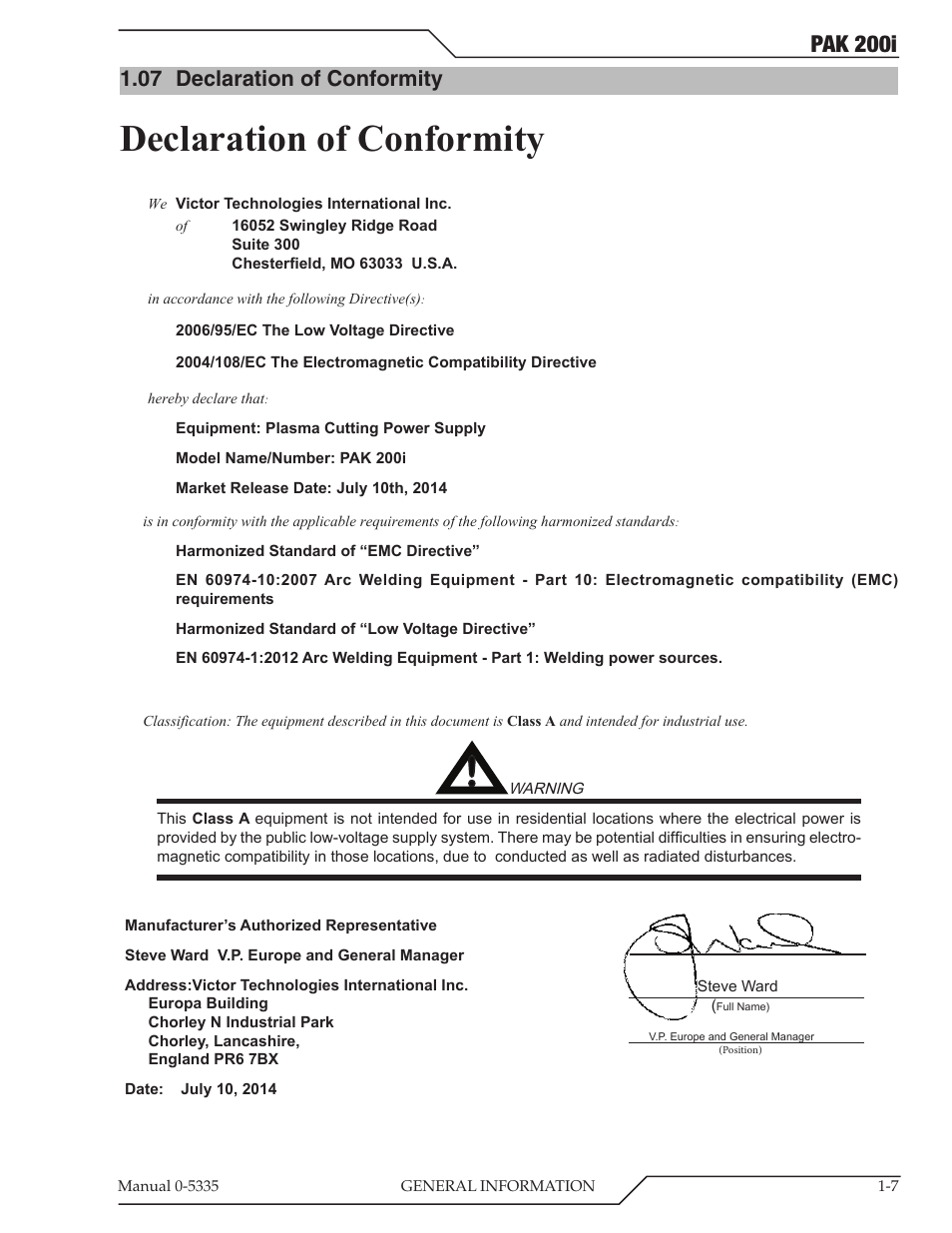 07 declaration of conformity, Declaration of conformity -7, Declaration of conformity | Pak 200i | Tweco PAK 200i User Manual | Page 15 / 160
