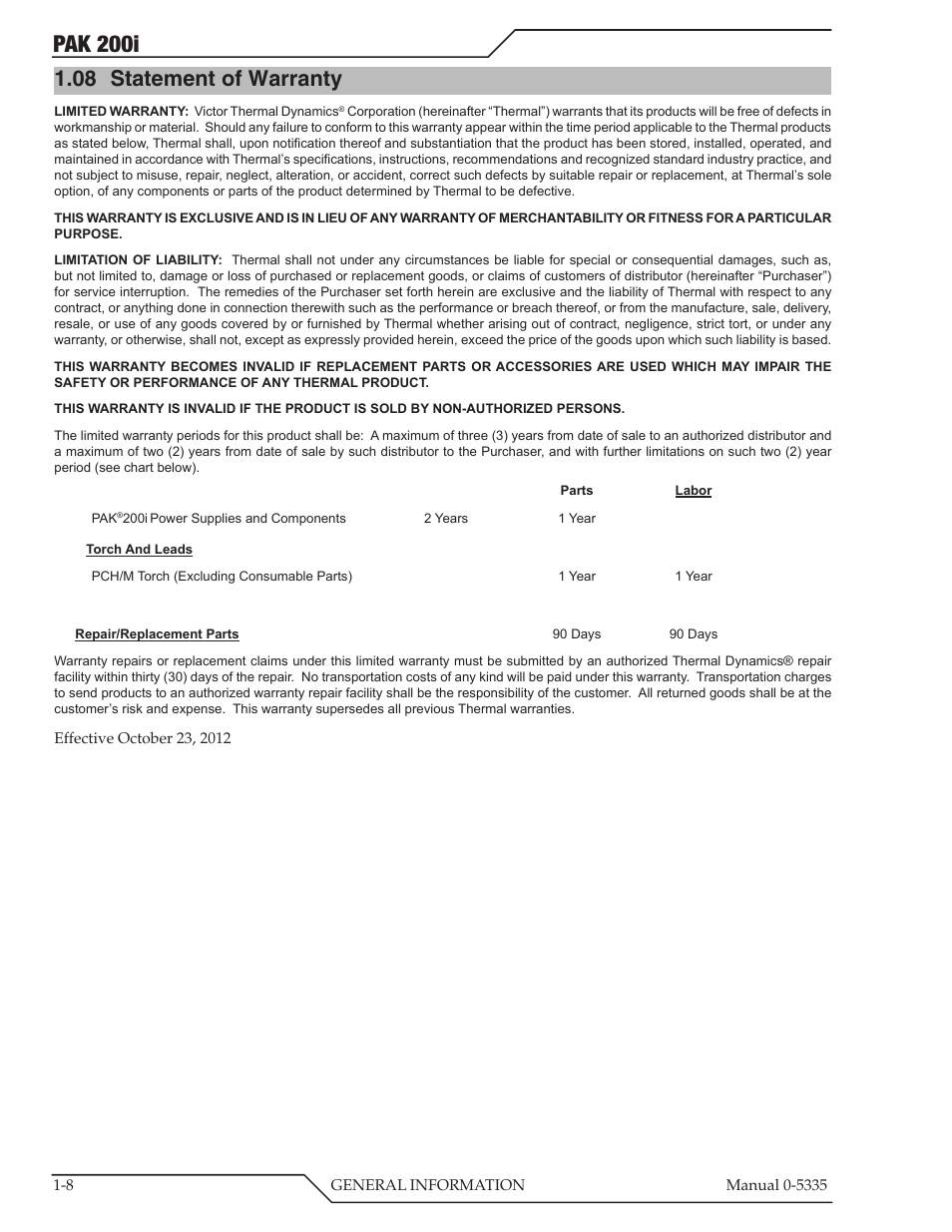 08 statement of warranty, Statement of warranty -8, Pak 200i | Tweco PAK 200i User Manual | Page 16 / 160