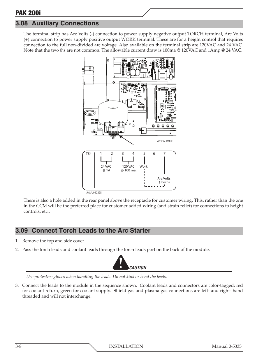 08 auxiliary connections, 09 connect torch leads to the arc starter, Auxiliary connections -8 | Connect torch leads to the arc starter -8, Pak 200i | Tweco PAK 200i User Manual | Page 32 / 160