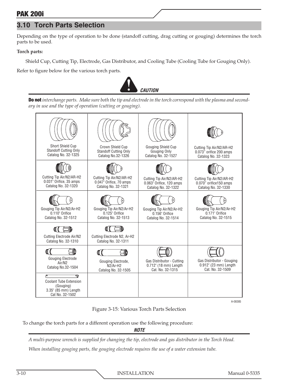 10 torch parts selection, Torch parts selection -10, Pak 200i | Tweco PAK 200i User Manual | Page 34 / 160