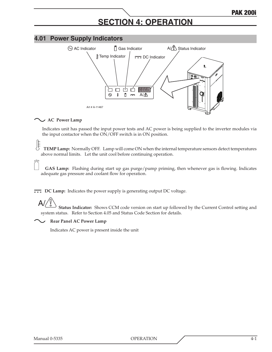 Section 4: operation, 01 power supply indicators, Section 4: operation -1 | Power supply indicators -1, Pak 200i | Tweco PAK 200i User Manual | Page 39 / 160