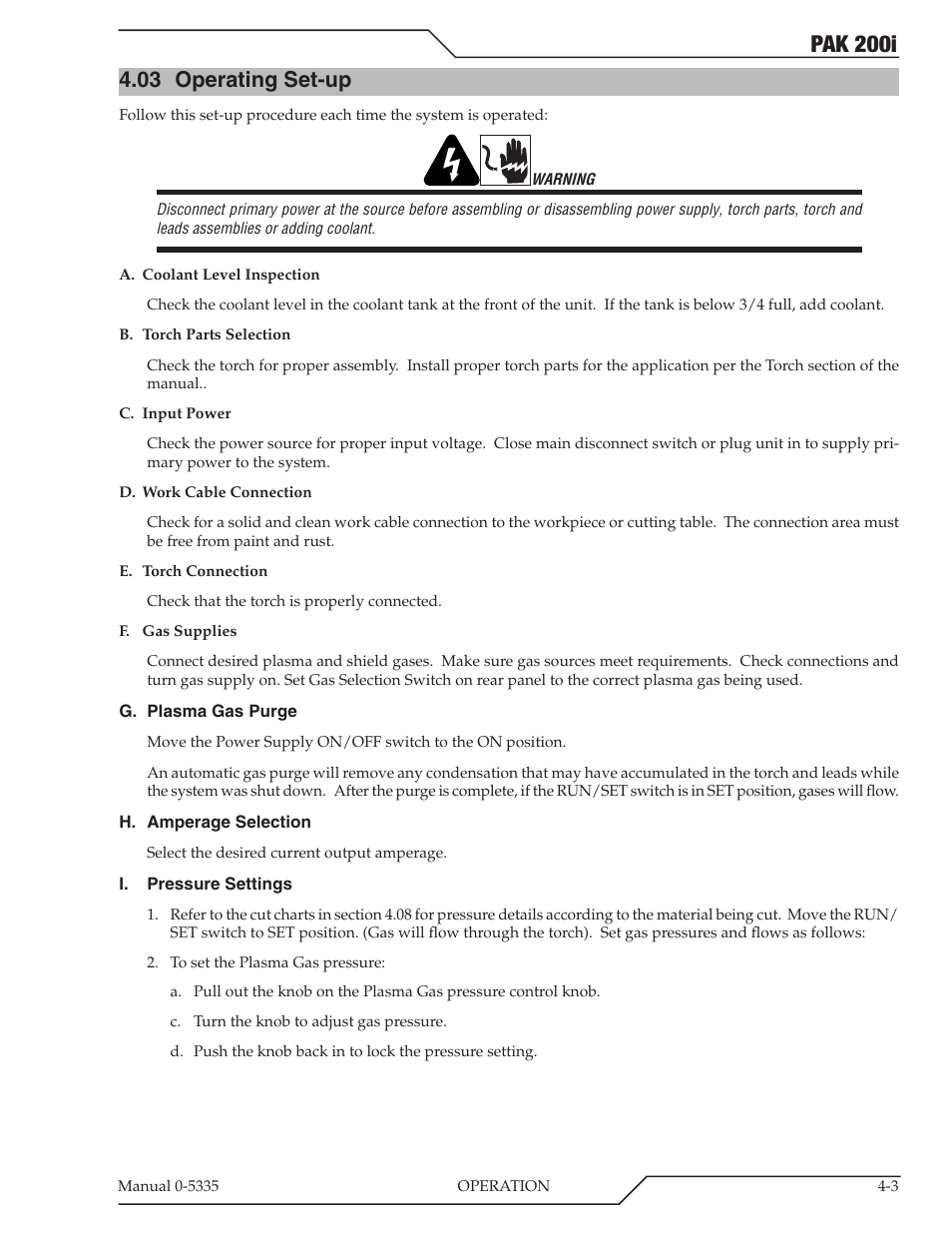 03 operating set-up, Operating set-up -3, Pak 200i | Tweco PAK 200i User Manual | Page 41 / 160