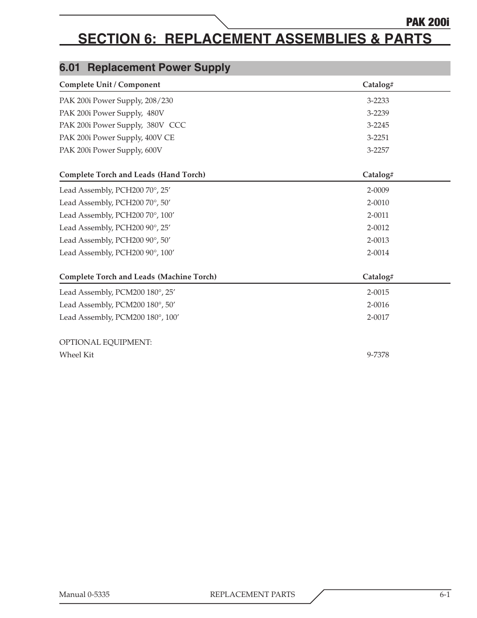 Section 6: replacement assemblies & parts, 01 replacement power supply, Section 6: replacement assemblies & parts -1 | Replacement power supply -1, Pak 200i | Tweco PAK 200i User Manual | Page 59 / 160