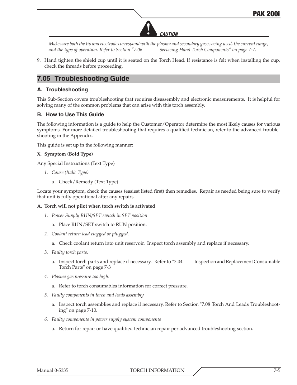 05 troubleshooting guide, Troubleshooting guide -5, Pak 200i | Tweco PAK 200i User Manual | Page 73 / 160