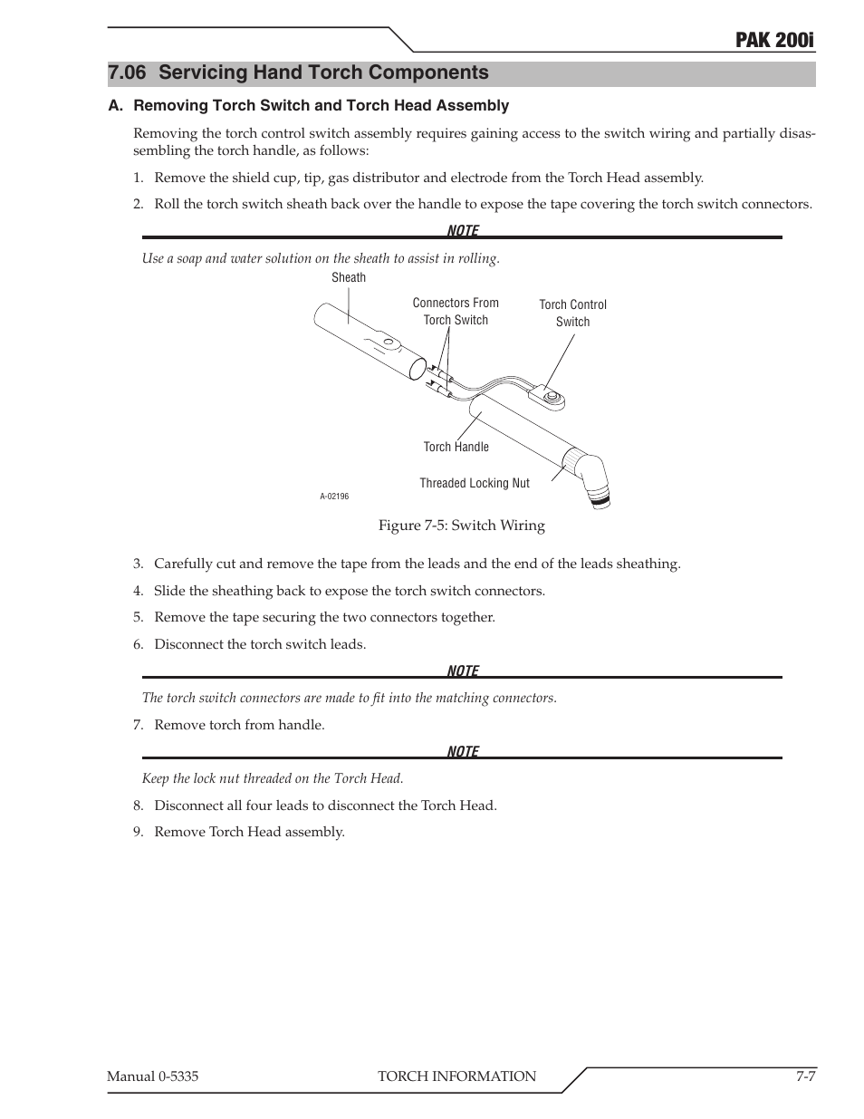 06 servicing hand torch components, Servicing hand torch components -7, And the type of operation. refer to section "7.06 | Pak 200i | Tweco PAK 200i User Manual | Page 75 / 160