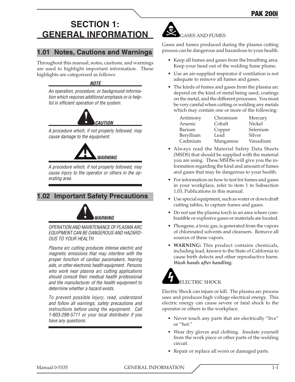 Section 1: general information, 01 notes, cautions and warnings, 02 important safety precautions | Section 1, General information -1, Notes, cautions and warnings -1, Important safety precautions -1, Pak 200i | Tweco PAK 200i User Manual | Page 9 / 160