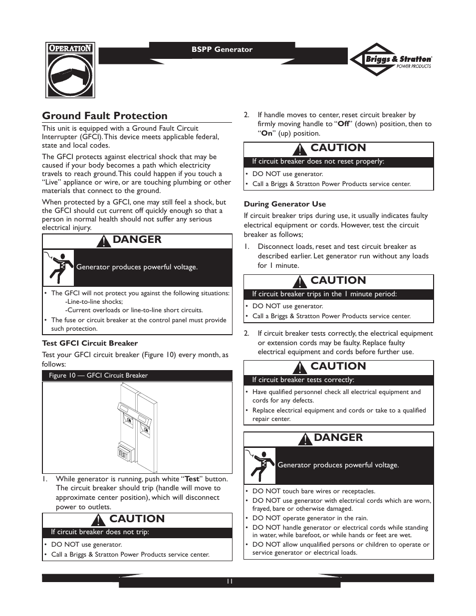 Ground fault protection, Danger, Caution | Briggs & Stratton PRO6500 01933 User Manual | Page 11 / 48