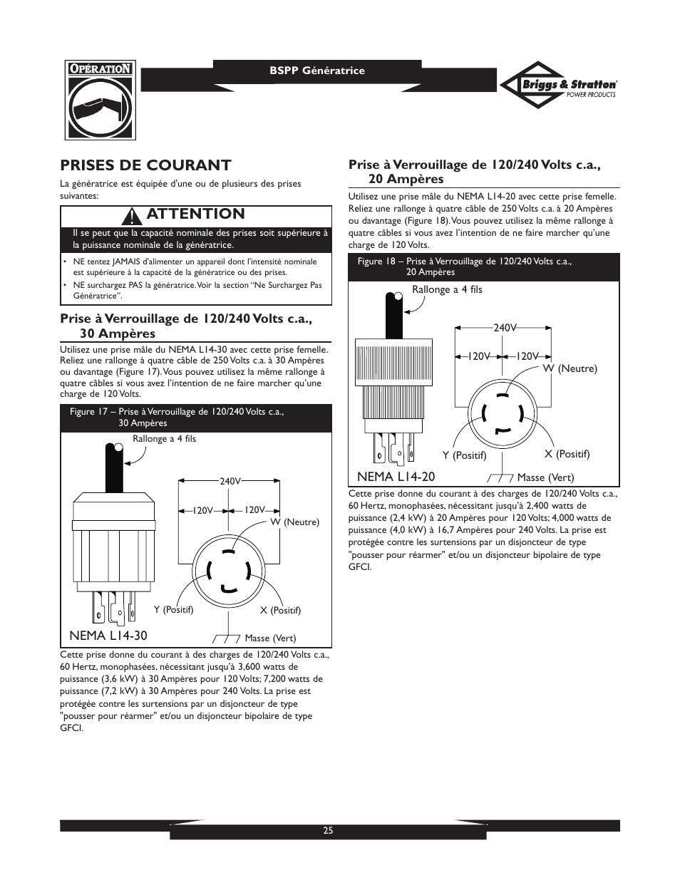 Prises de courant, Attention | Briggs & Stratton PRO6500 01933 User Manual | Page 25 / 48