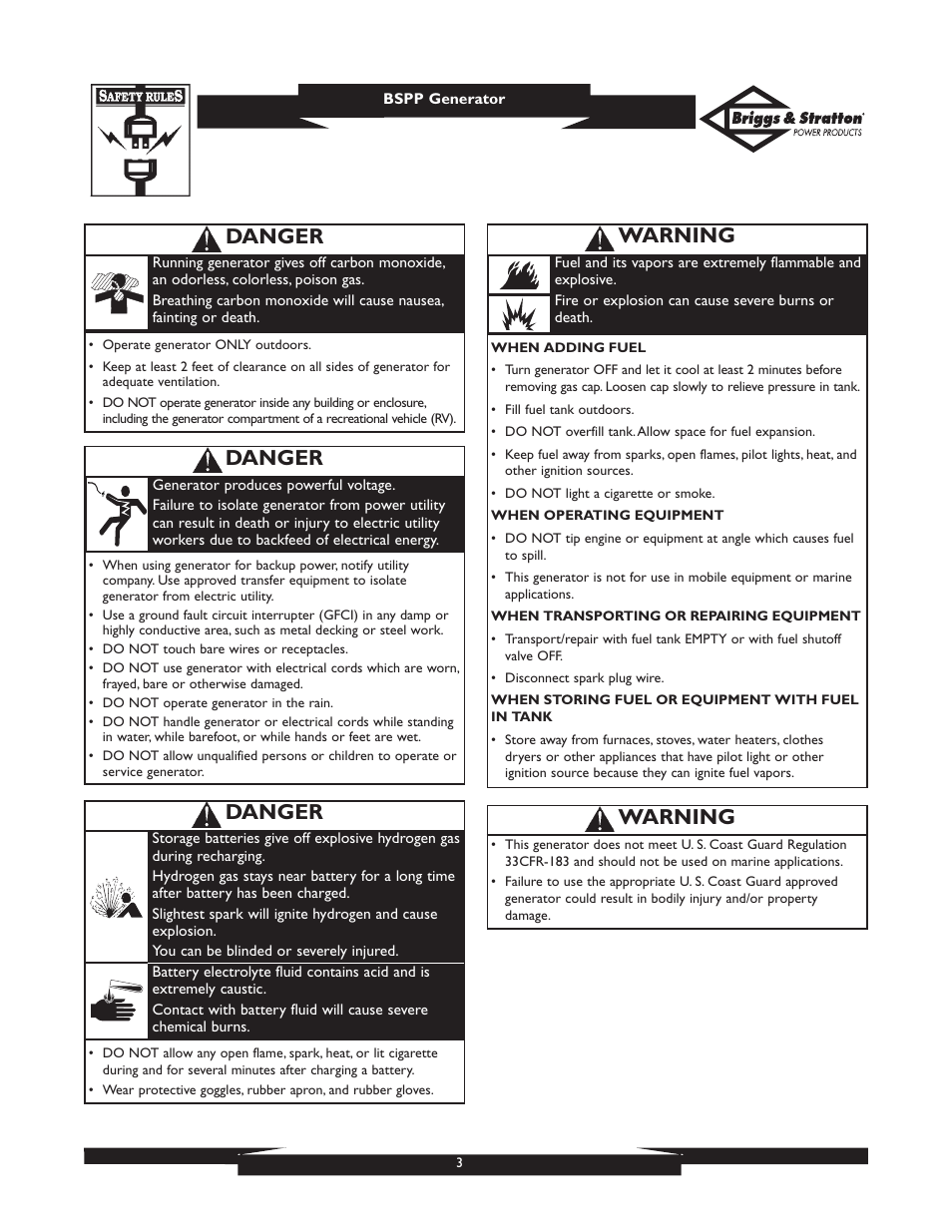 Danger, Warning | Briggs & Stratton PRO6500 01933 User Manual | Page 3 / 48