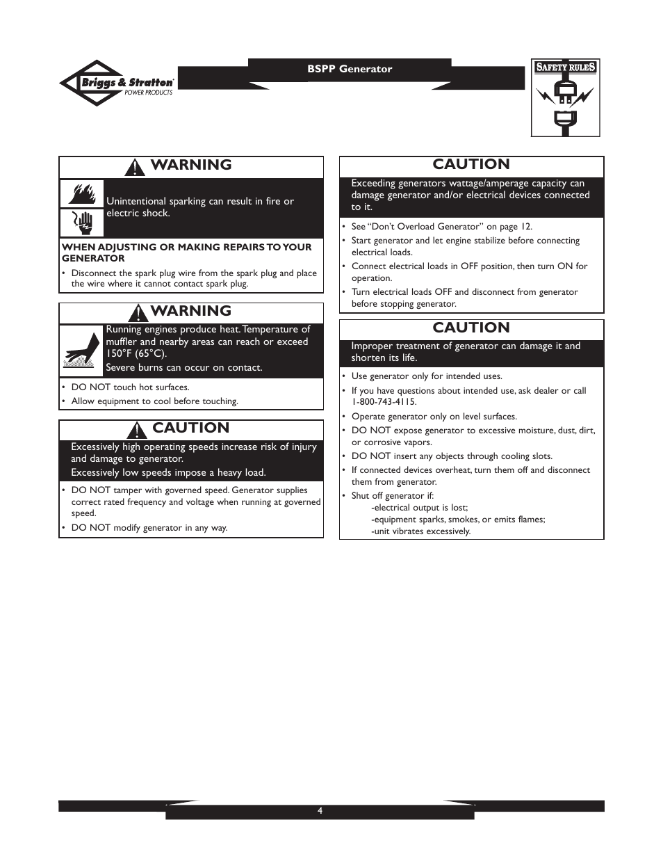 Warning, Caution | Briggs & Stratton PRO6500 01933 User Manual | Page 4 / 48