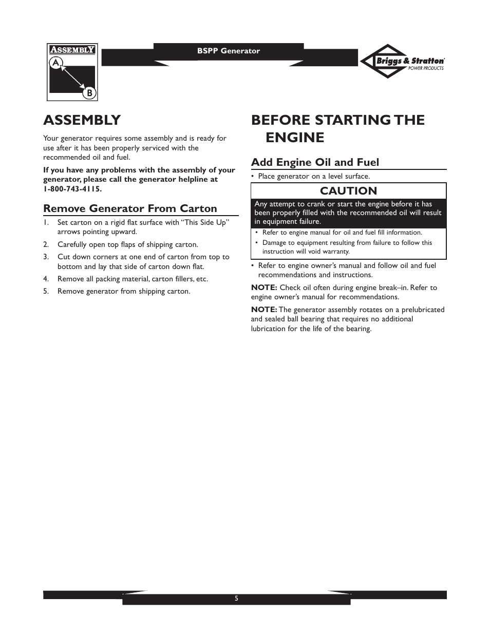 Assembly, Before starting the engine, Remove generator from carton | Add engine oil and fuel, Caution | Briggs & Stratton PRO6500 01933 User Manual | Page 5 / 48