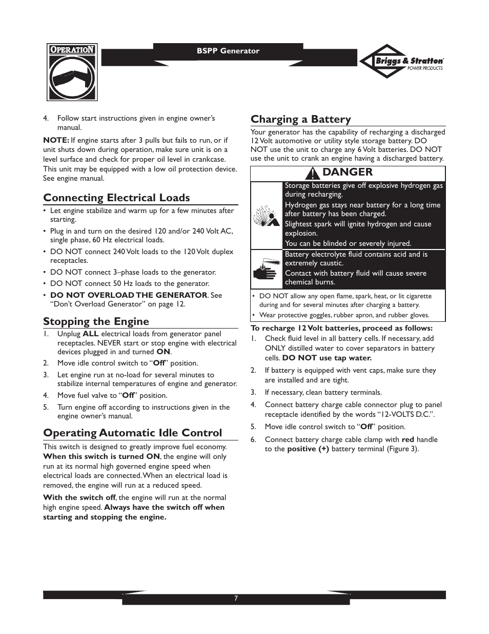 Connecting electrical loads, Stopping the engine, Operating automatic idle control | Charging a battery, Danger | Briggs & Stratton PRO6500 01933 User Manual | Page 7 / 48
