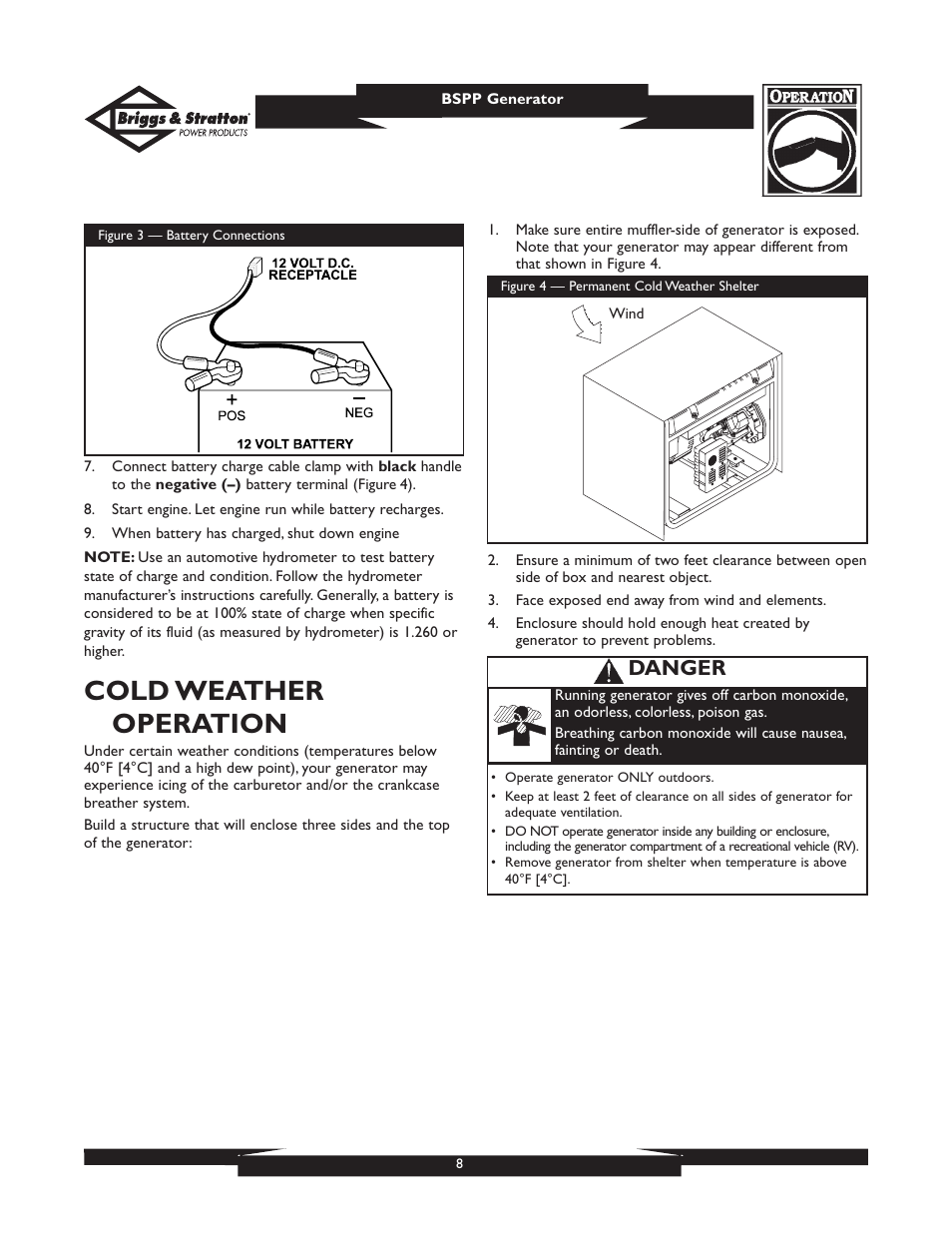 Cold weather operation, Danger | Briggs & Stratton PRO6500 01933 User Manual | Page 8 / 48