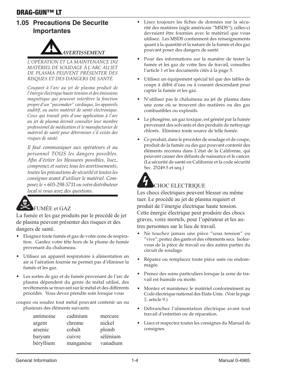05 precautions de securite importantes, Precautions de securite importantes -4, Drag-gun™ lt | Tweco 15C Drag-Gun LT User Manual | Page 10 / 32