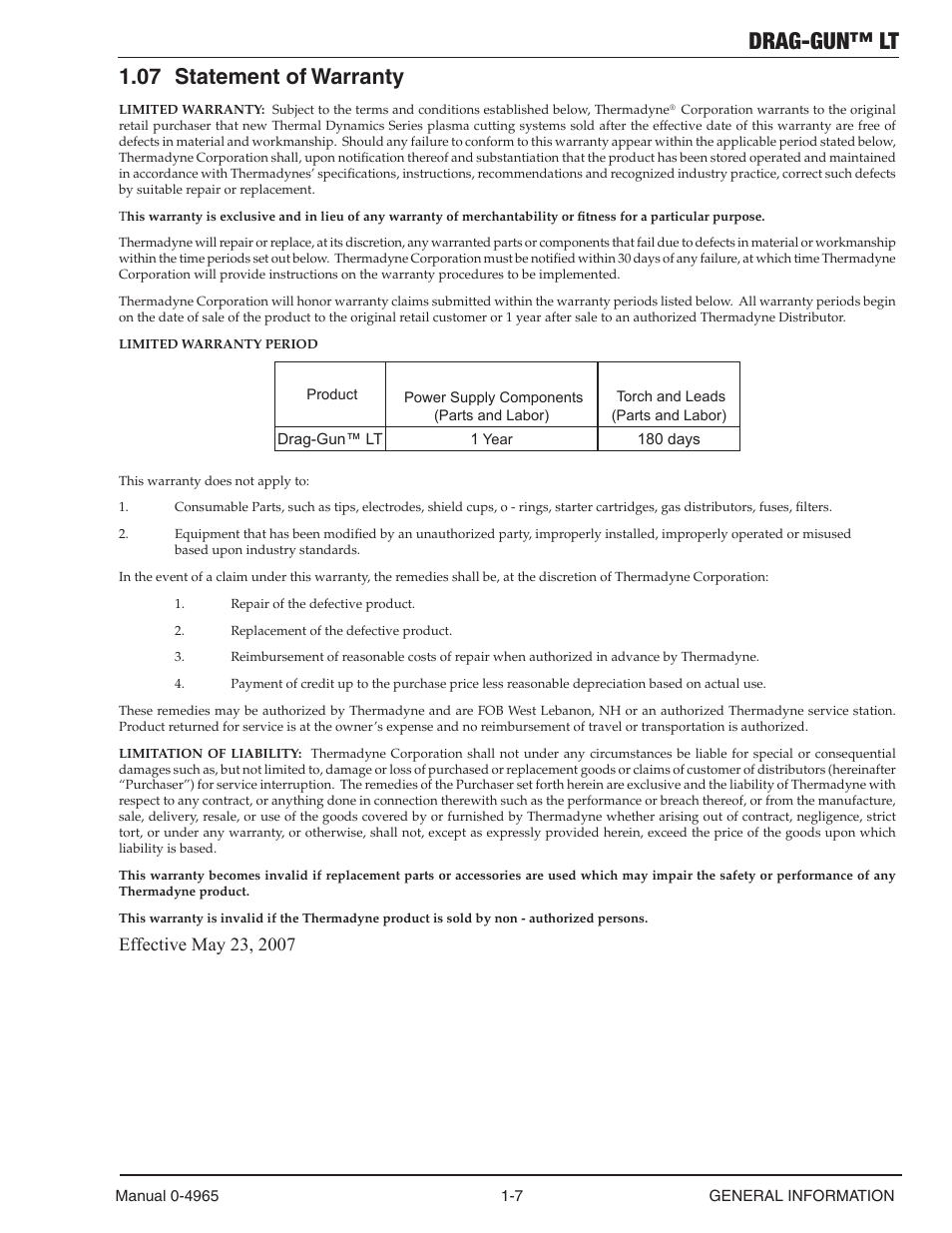 07 statement of warranty, Statement of warranty -7, Drag-gun™ lt | Tweco 15C Drag-Gun LT User Manual | Page 13 / 32