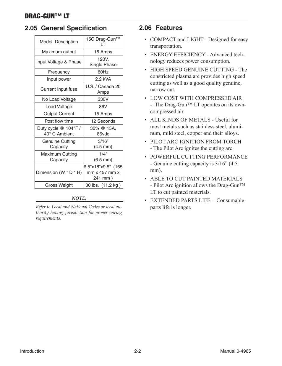 05 general specification, 06 features, General specification -2 | Features -2, Drag-gun™ lt | Tweco 15C Drag-Gun LT User Manual | Page 16 / 32
