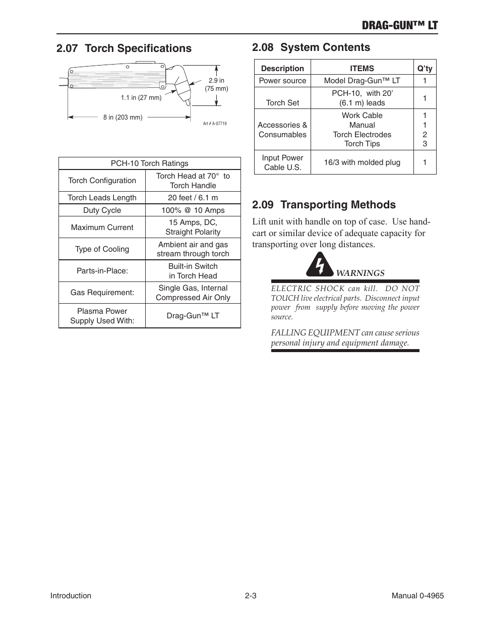 07 torch specifications, 08 system contents, 09 transporting methods | Torch specifications -3, System contents -3, Transporting methods -3, Drag-gun™ lt | Tweco 15C Drag-Gun LT User Manual | Page 17 / 32
