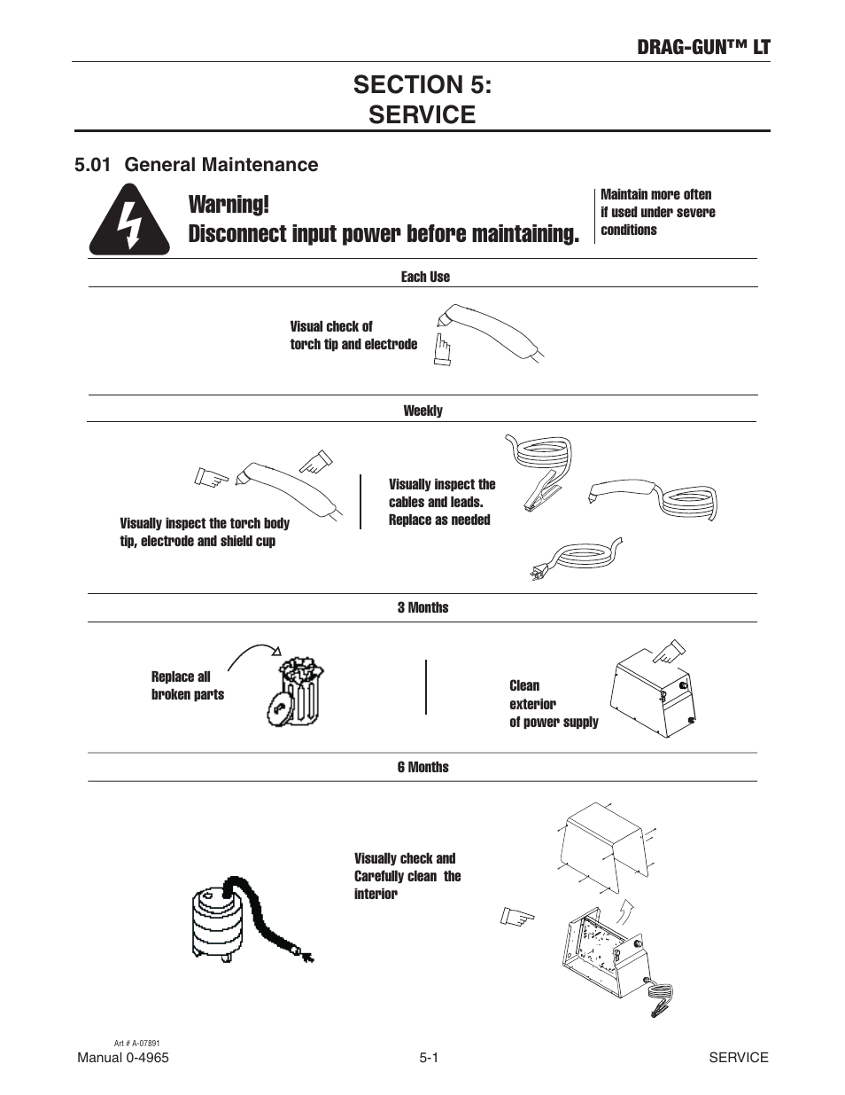 Section 5:service, 01 general maintenance, Section 5:service -1 | General maintenance -1, Warning! disconnect input power before maintaining, Drag-gun™ lt | Tweco 15C Drag-Gun LT User Manual | Page 23 / 32