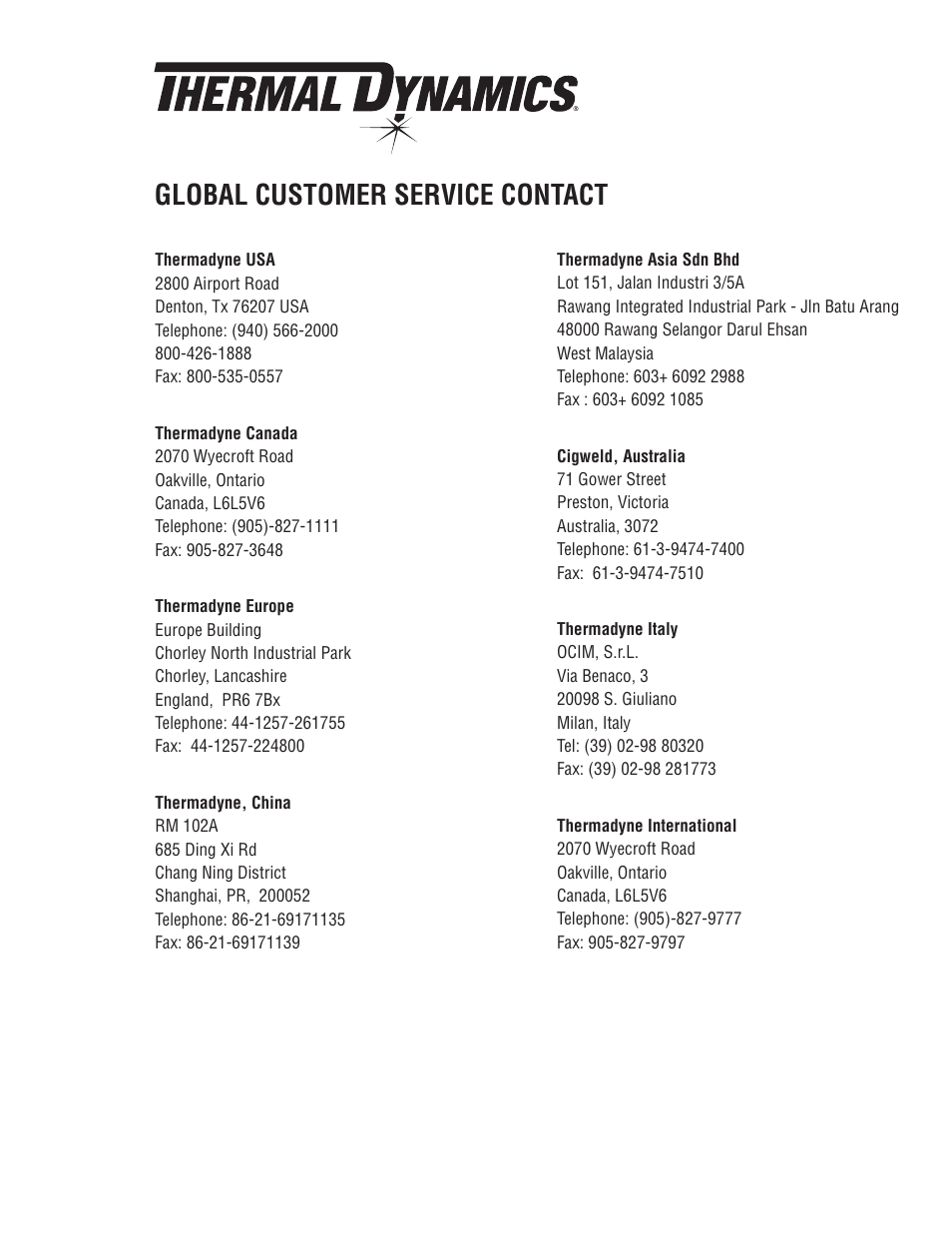 Global customer service contact information, Global customer service contact | Tweco 15C Drag-Gun LT User Manual | Page 31 / 32