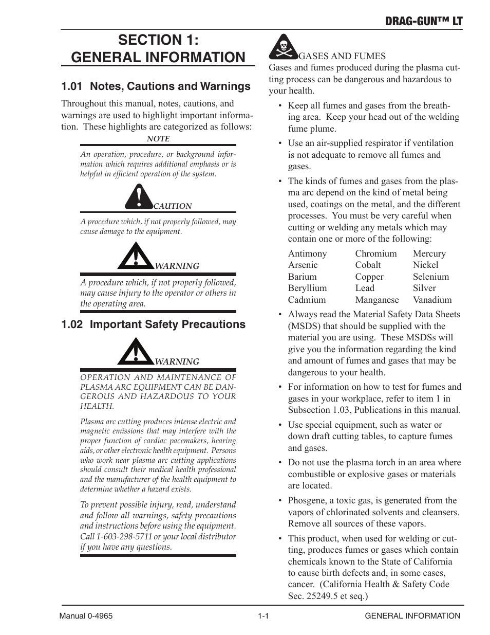 Section 1:general information, 01 notes, cautions and warnings, 02 important safety precautions | Section 1:general information -1, Notes, cautions and warnings -1, Important safety precautions -1, Drag-gun™ lt | Tweco 15C Drag-Gun LT User Manual | Page 7 / 32
