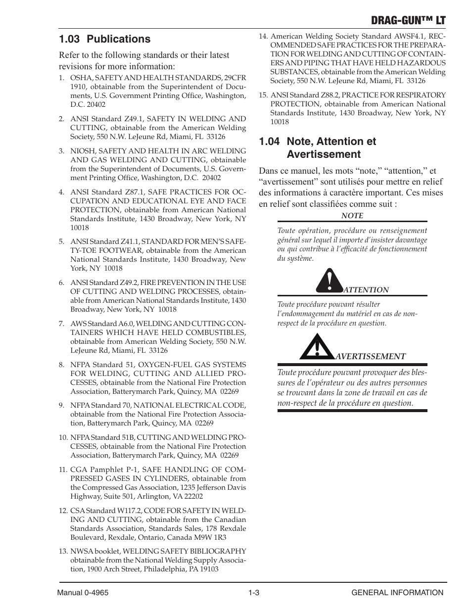 03 publications, 04 note, attention et avertissement, Publications -3 | Note, attention et avertissement -3, Drag-gun™ lt | Tweco 15C Drag-Gun LT User Manual | Page 9 / 32