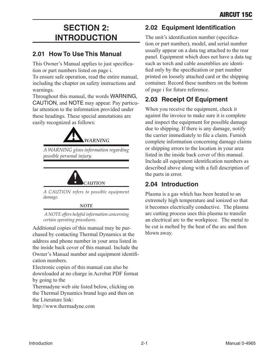 Section 2:introduction, 01 how to use this manual, 02 equipment identification | 03 receipt of equipment, 04 introduction, Section 2:introduction -1, How to use this manual -1, Equipment identification -1, Receipt of equipment -1, Introduction -1 | Tweco AirCut 15C User Manual | Page 15 / 36