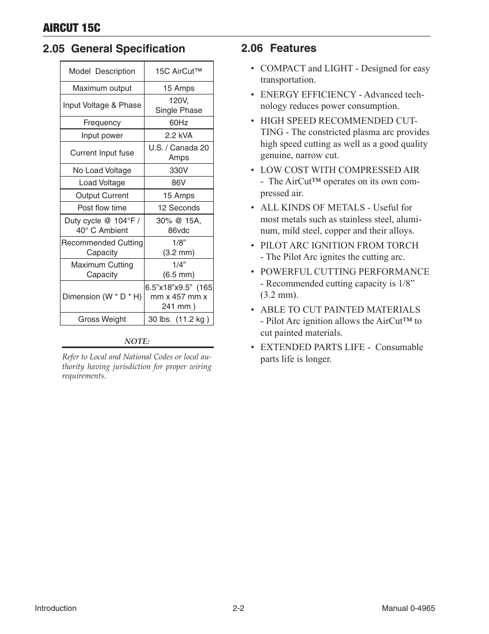 05 general specification, 06 features, General specification -2 | Features -2, Aircut 15c | Tweco AirCut 15C User Manual | Page 16 / 36