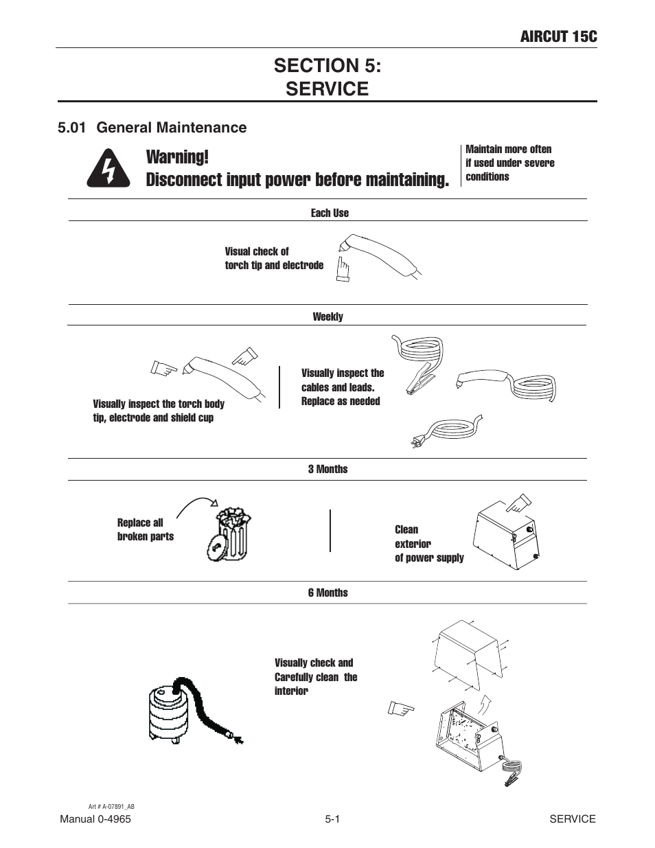 Section 5:service, 01 general maintenance, Section 5:service -1 | General maintenance -1, Warning! disconnect input power before maintaining, Aircut 15c | Tweco AirCut 15C User Manual | Page 23 / 36
