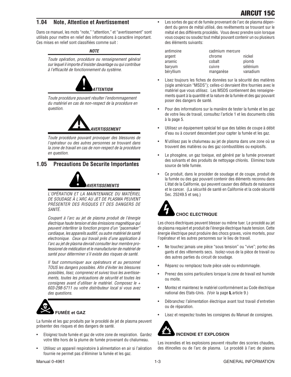 04 note, attention et avertissement, 05 precautions de securite importantes, Note, attention et avertissement -3 | Precautions de securite importantes -3, Aircut 15c | Tweco AirCut 15C User Manual | Page 9 / 36