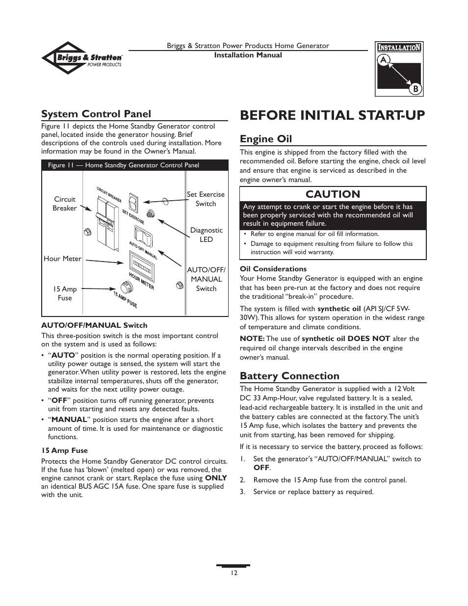 Before initial start-up, System control panel, Engine oil | Battery connection, Caution | Briggs & Stratton 01938-0 User Manual | Page 12 / 48