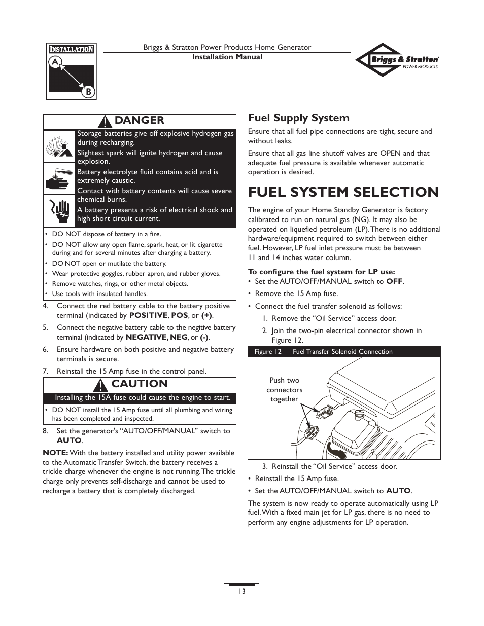 Grounding the system, Control circuit connection, System control pane | System control panel, Fuel system selection, Fuel supply system, Caution, Danger | Briggs & Stratton 01938-0 User Manual | Page 13 / 48