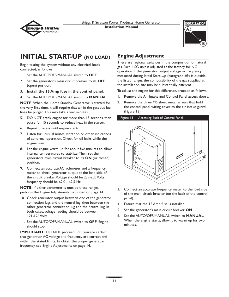 Engine oil, Battery connection, Fuel supply system | Initial start-up (no load, Initial start-up (no load), Initial start-up, Engine adjustment | Briggs & Stratton 01938-0 User Manual | Page 14 / 48