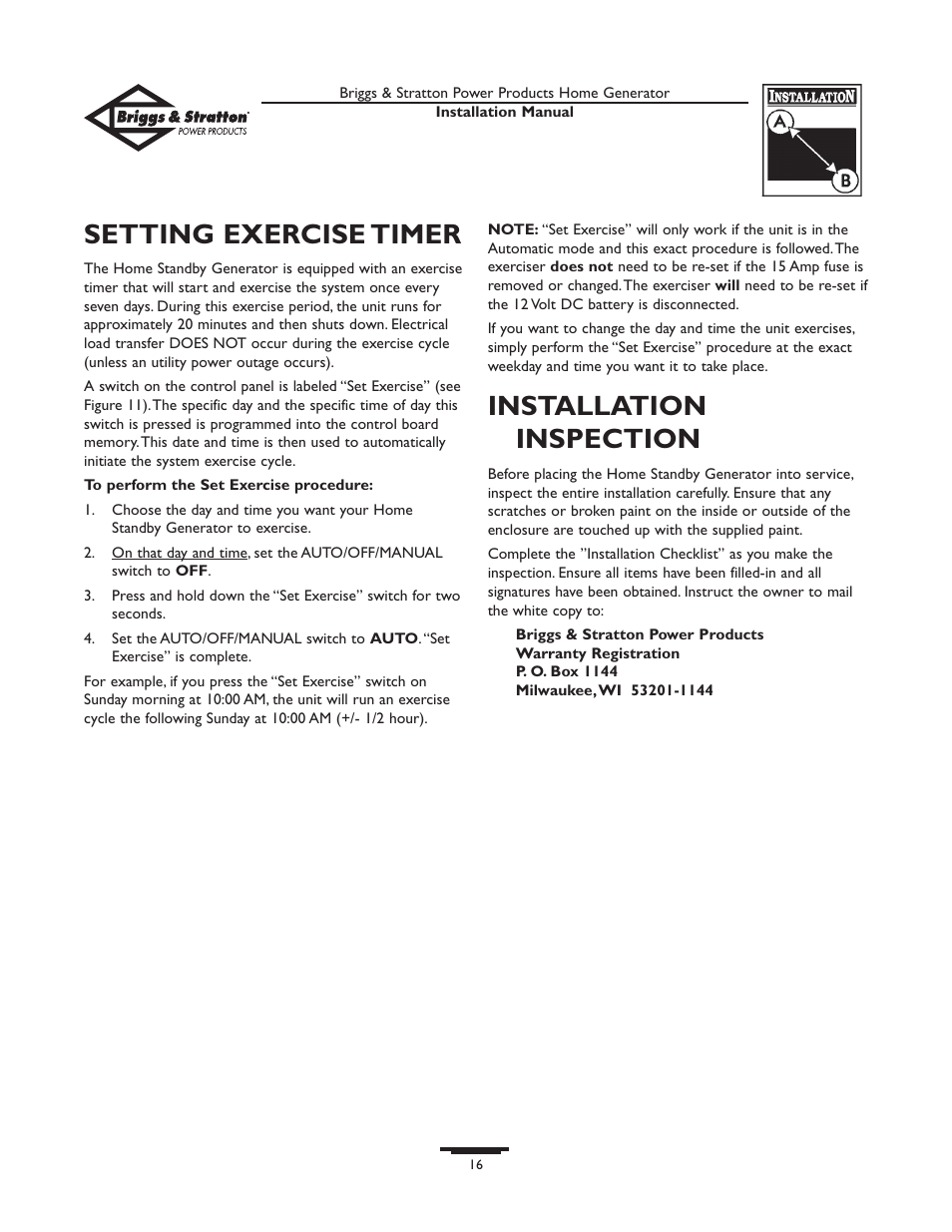 Setting exercise timer, Installation inspection | Briggs & Stratton 01938-0 User Manual | Page 16 / 48