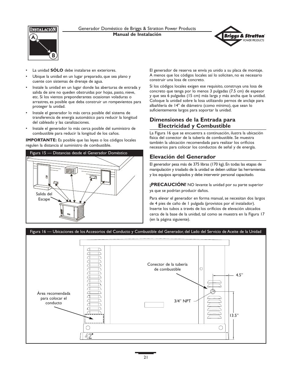 Elevación del generador | Briggs & Stratton 01938-0 User Manual | Page 21 / 48