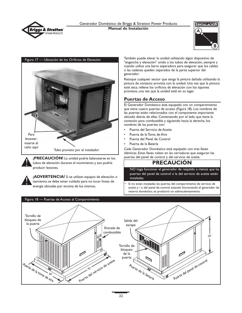 Precaución, Puertas de acceso | Briggs & Stratton 01938-0 User Manual | Page 22 / 48