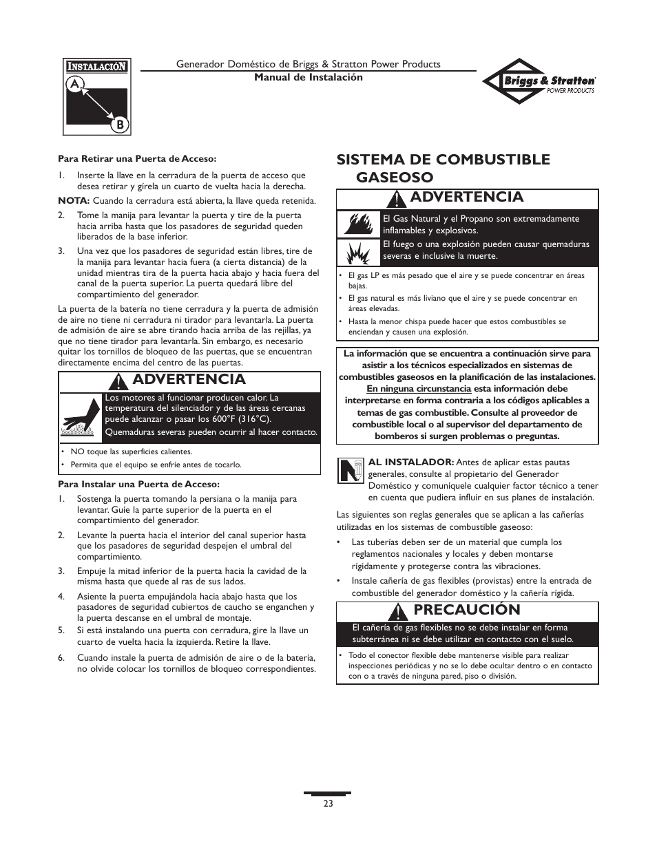 Sistema de combustible gaseoso, Advertencia, Precaución | Briggs & Stratton 01938-0 User Manual | Page 23 / 48