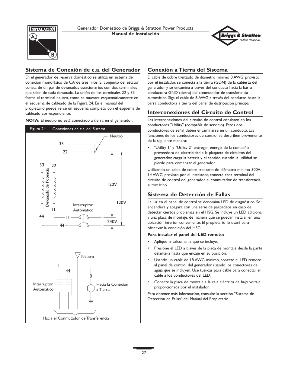 Sistema de conexión de c.a. del generador, Conexión a tierra del sistema, Interconexiones del circuito de control | Sistema de detección de fallas | Briggs & Stratton 01938-0 User Manual | Page 27 / 48
