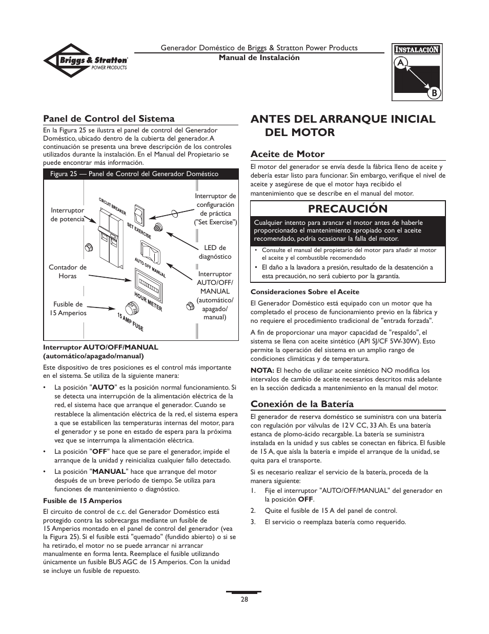 Antes del arranque inicial del motor, Precaución | Briggs & Stratton 01938-0 User Manual | Page 28 / 48