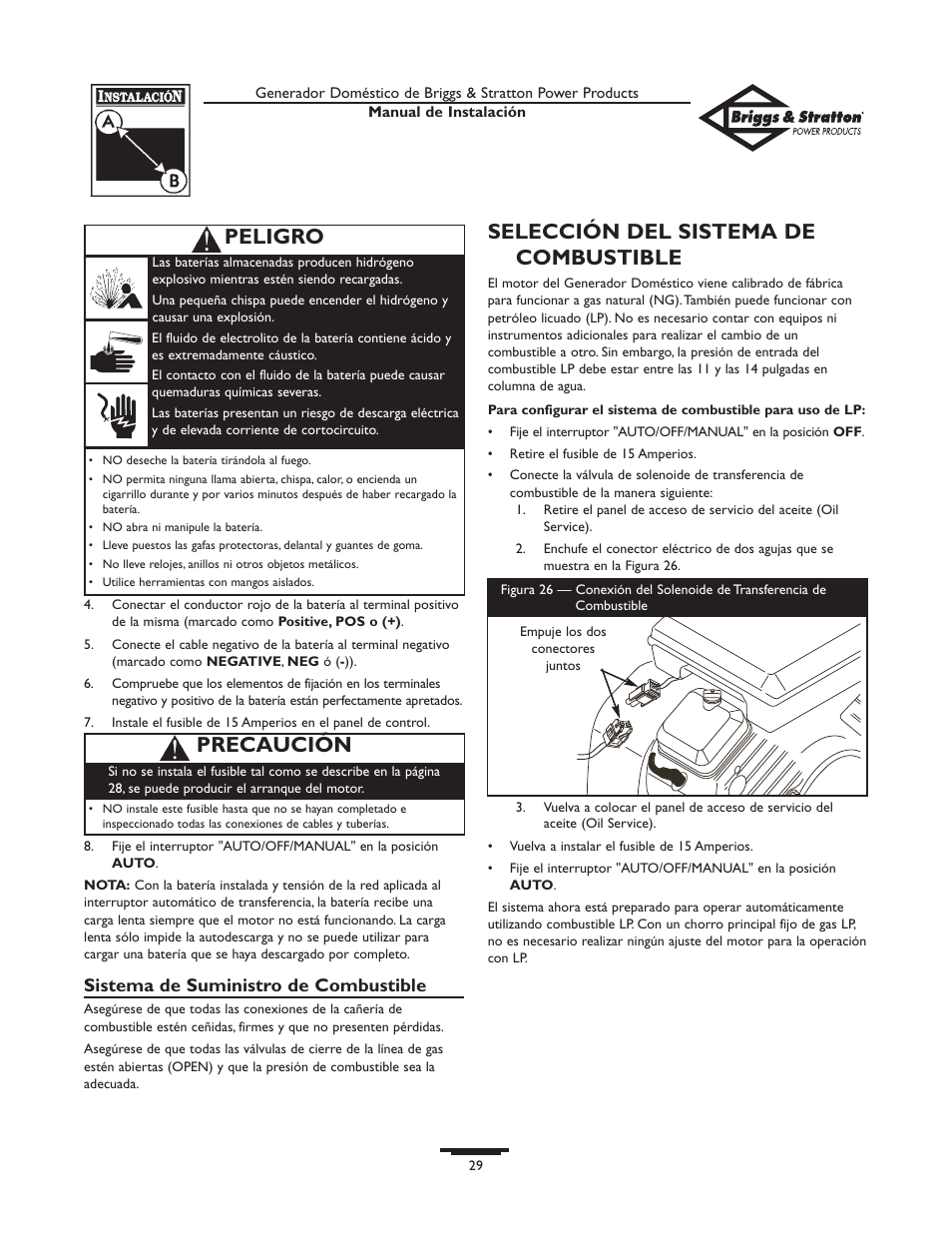 Selección del sistema de combustible, Precaución, Peligro | Sistema de suministro de combustible | Briggs & Stratton 01938-0 User Manual | Page 29 / 48